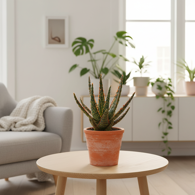 Aloë zebrina in terracotta pot op tafeltje in woonkamer