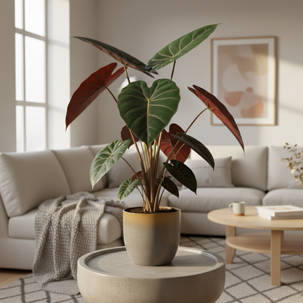 Alocasia Red Secret in gezellige huiskamer