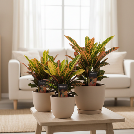Drie Croton planten gegroepeerd in huiskamer