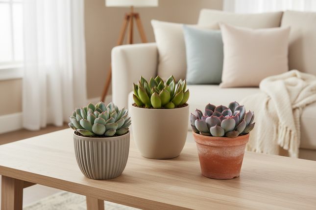 Echeveria vetplanten in gezellige huiskamer