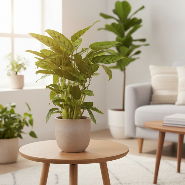 Calathea Leopardina op tafeltje in woonkamer