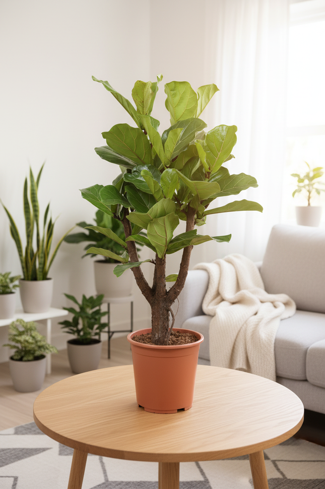 Ficus Lyrata vertakt op tafeltje in woonkamer