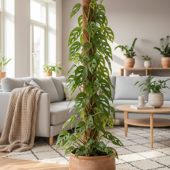 Monstera Adansonii met mosstok in gezellige huiskamer