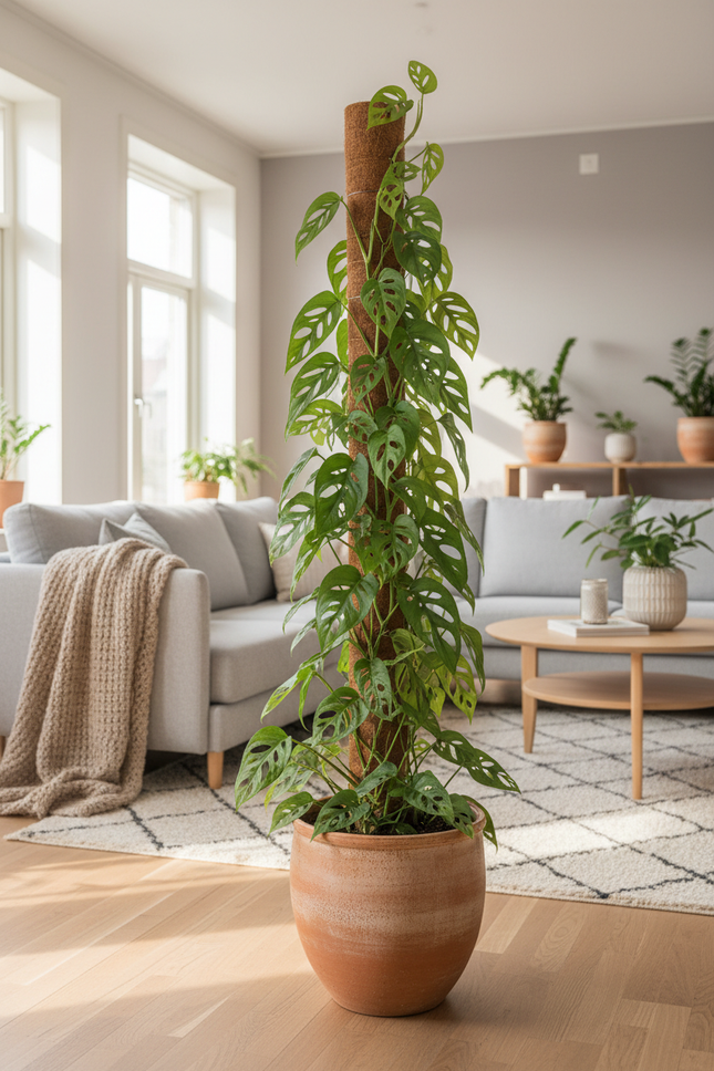 Monstera Adansonii met mosstok in gezellige huiskamer