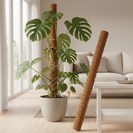 Mosstok met Monstera in woonkamer