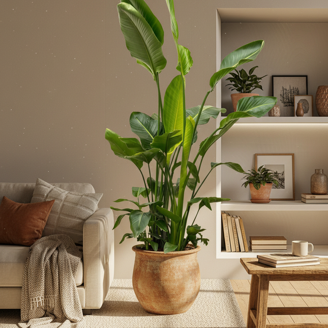 Strelitzia Nicolai XXL in warme gezellige huiskamer