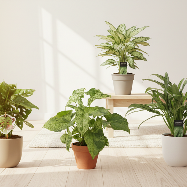 Monstera obliqua 'Monkey Leaf' - 25 cm - ø12 - Aglaonema Juliette - 40 cm - ø12 - Syngonium Mottled - 25 cm - ø12 - Aglaonema Cutlass - 40 cm - ø12