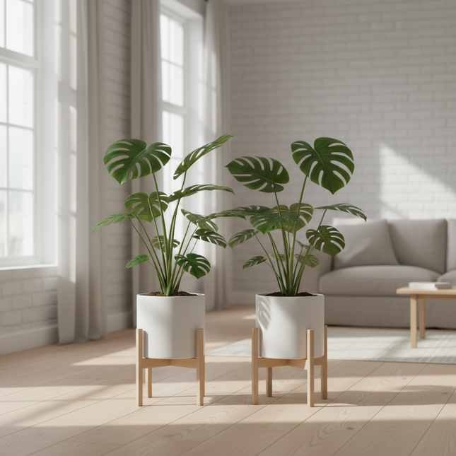 Twee Monstera Deliciosa planten van gelijke hoogte