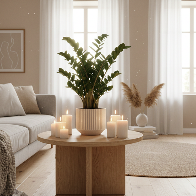 Zamioculcas in gezellige huiskamer met kaarsen