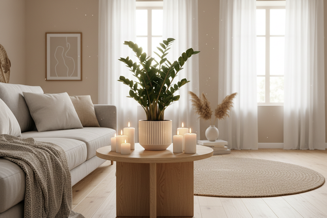 Zamioculcas in gezellige huiskamer met kaarsen